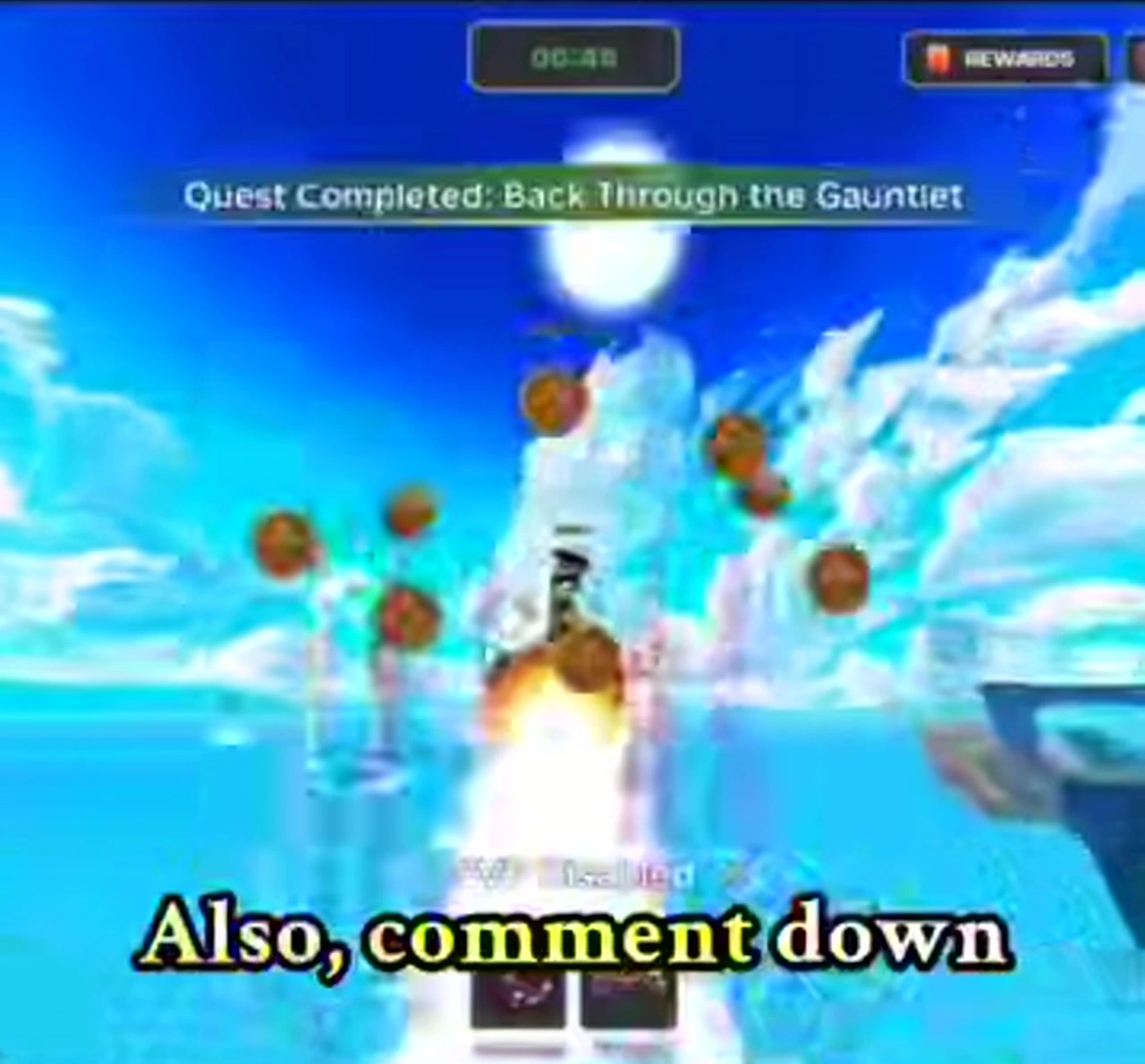 Broom race timer and Quest Completed Back Through the Gauntlet banner