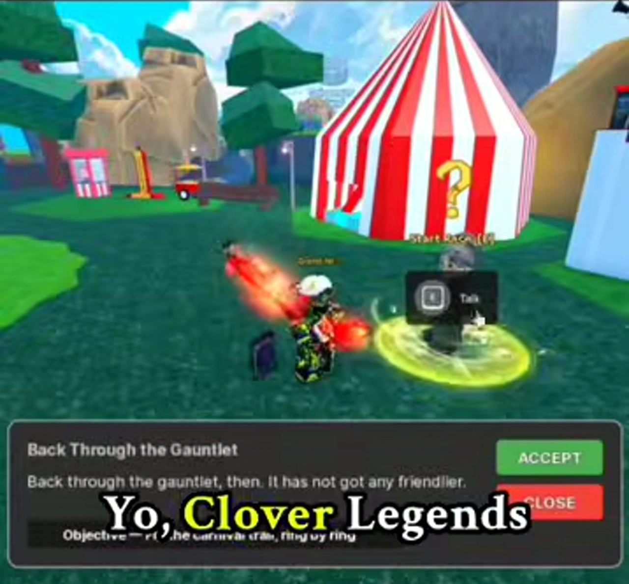 Start Race NPC beside a striped tent and the Back Through the Gauntlet acceptance panel