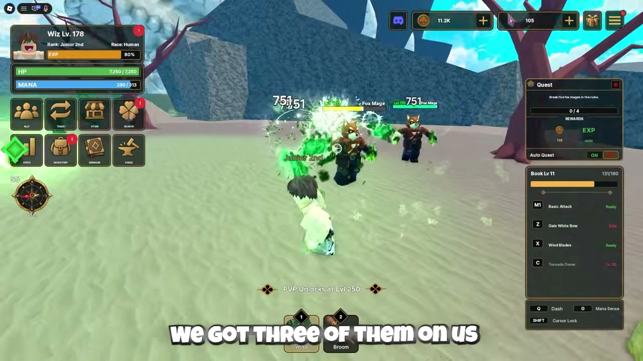 Fox Mage enemies in the ruins with the active quest counter at zero of four