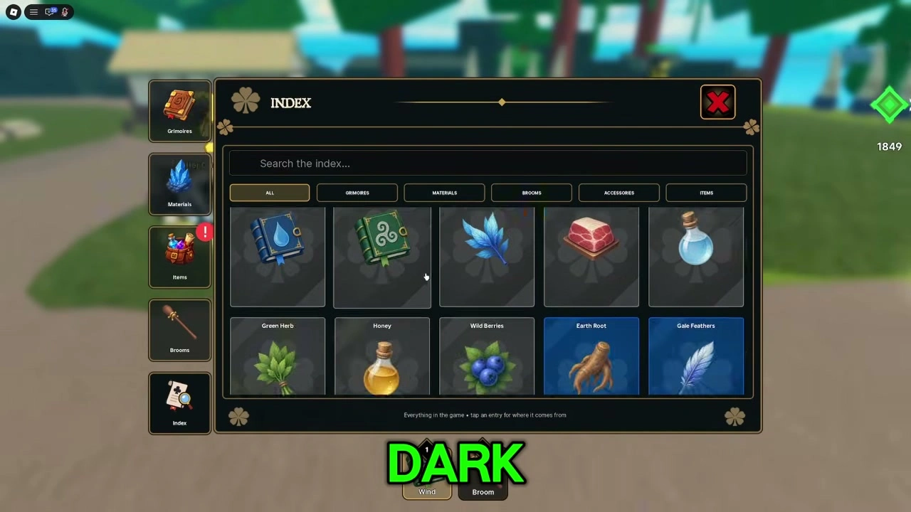 Inventory Index with Materials filter and instruction to tap an entry for where it comes from