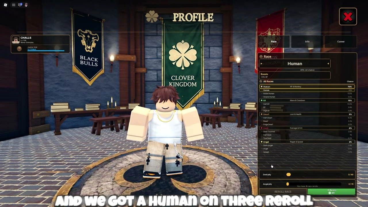 Profile panel showing Human and no remaining race rerolls after the sequence
