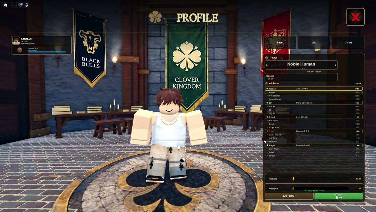 Profile race panel during Rolling with two rerolls remaining